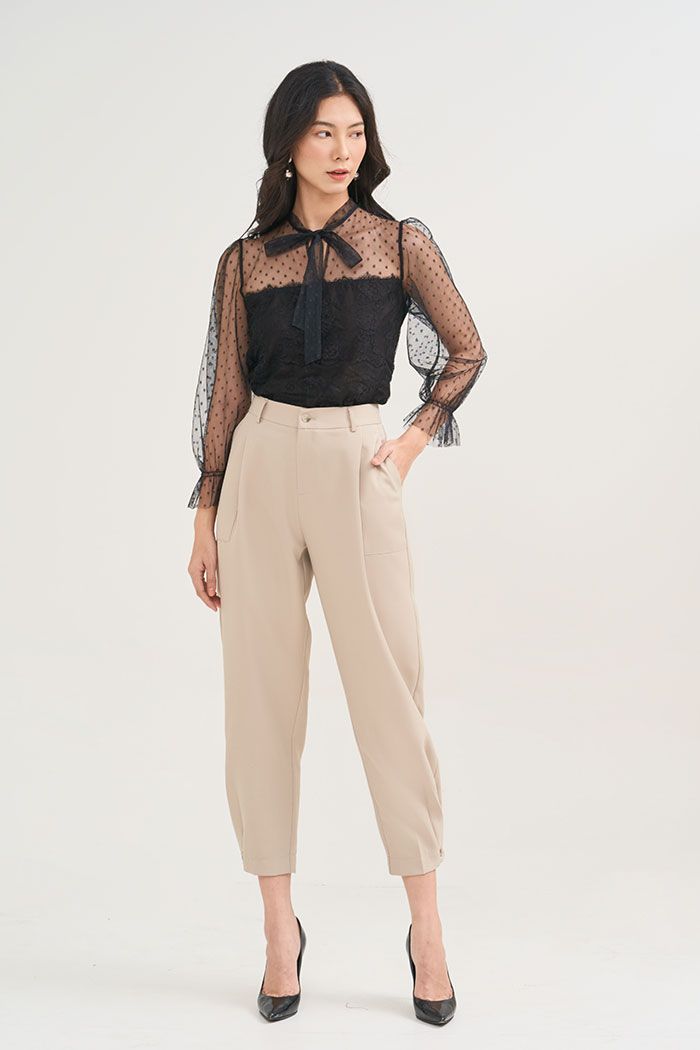 Áo sheer 2 lớp cột nơ cổ tay dài