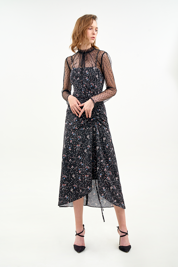 Đầm 2 dây midi rút nhún tùng in hoạ tiết fw19