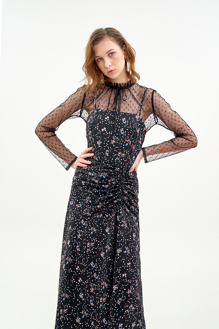 Đầm 2 dây midi rút nhún tùng in hoạ tiết fw19
