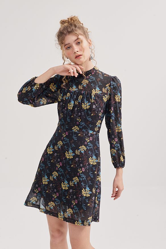 Đầm in hoạ tiết fw18 tay lở nhún vai