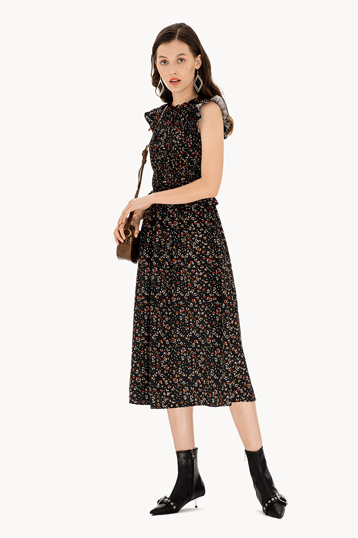 Đầm midi in hoạ tiết bèo nhún