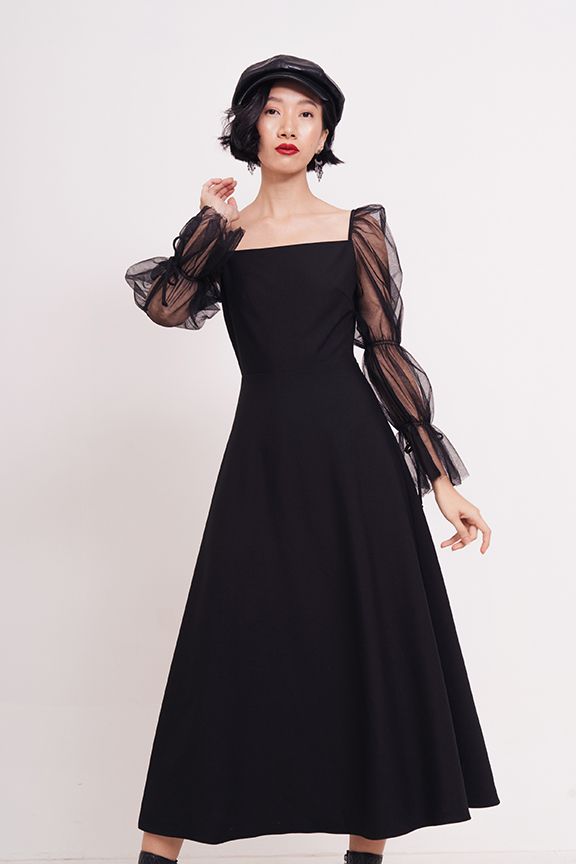Đầm dài phối sheer nhún tay