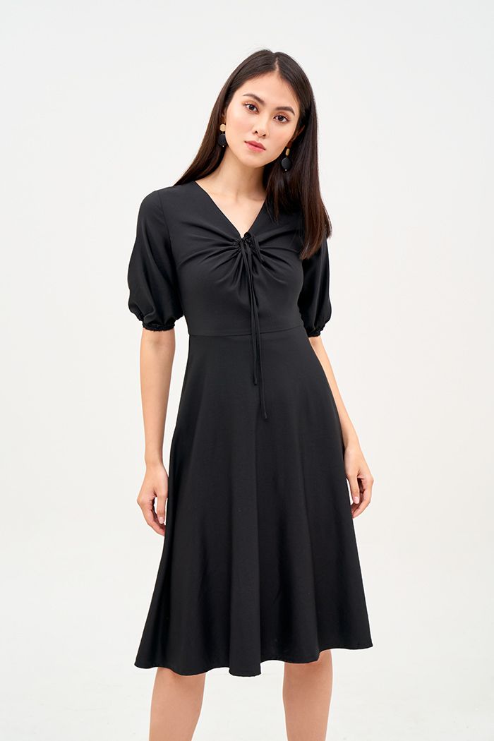 Đầm midi tay lở rút tròn cột nơ ngực