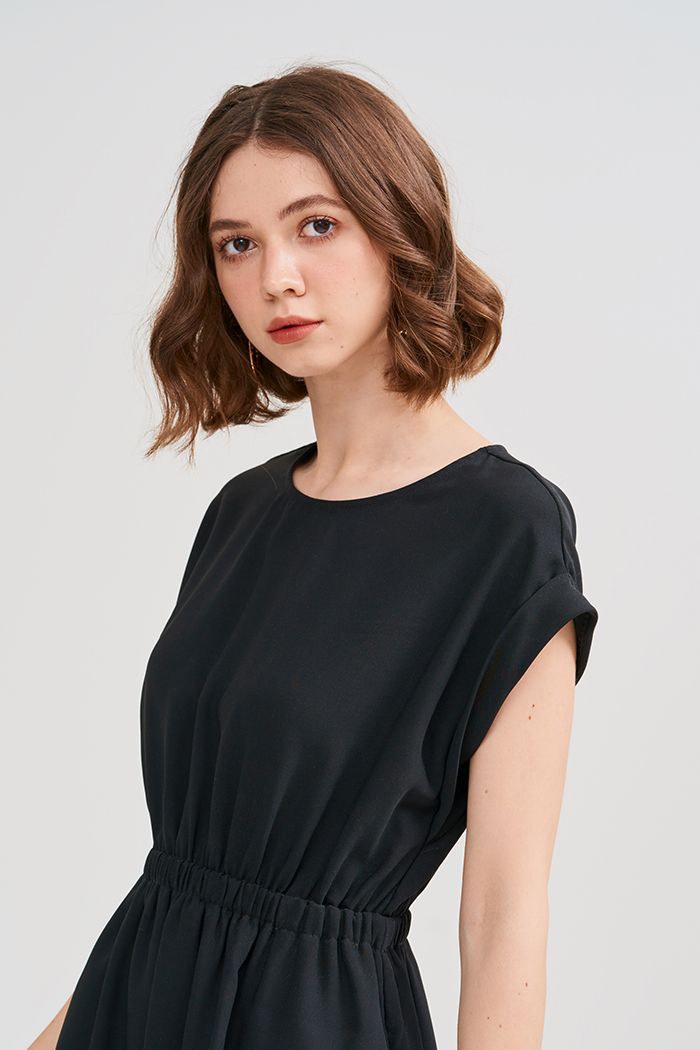 Đầm midi ngang gối sát nách tay lật lưng thun