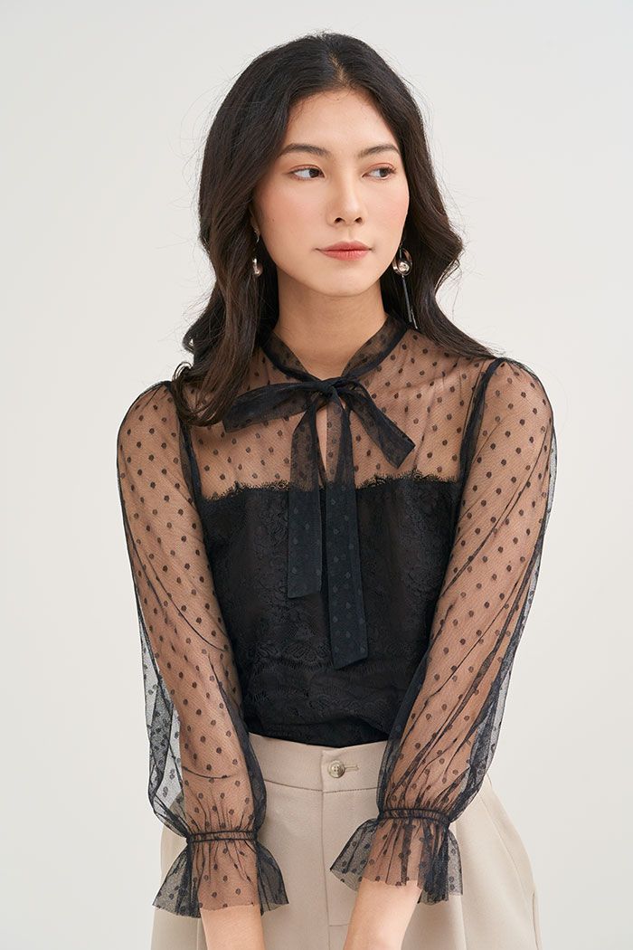 Áo sheer 2 lớp cột nơ cổ tay dài