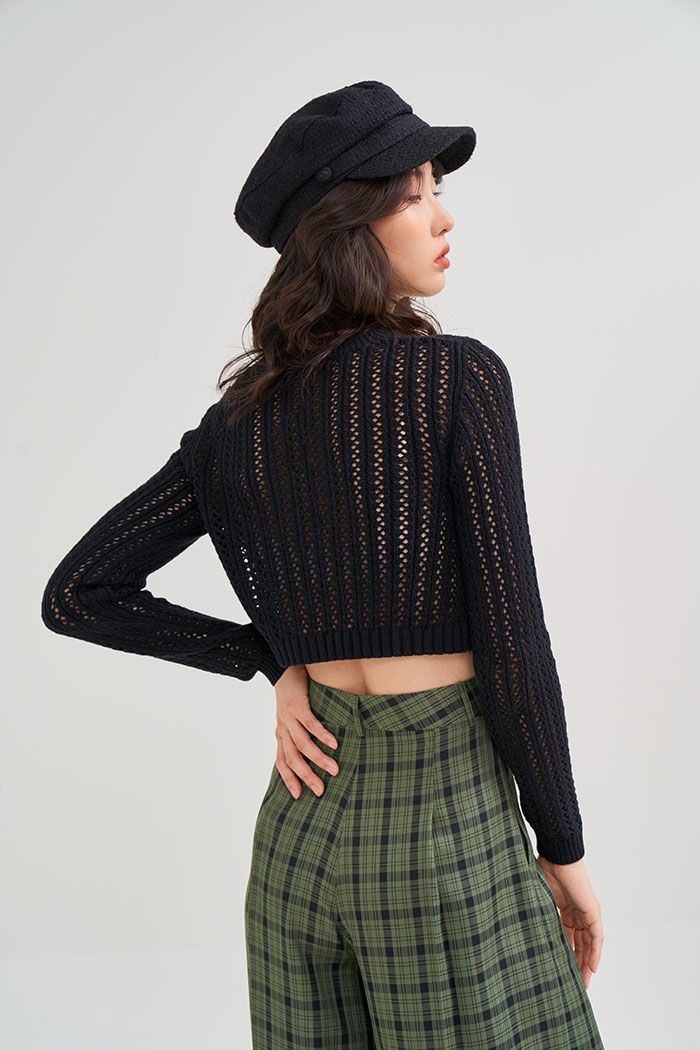 Áo thun croptop dệt kim tay dài đan hình thoi