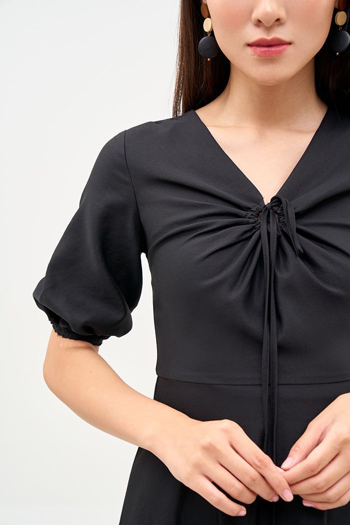 Đầm midi tay lở rút tròn cột nơ ngực