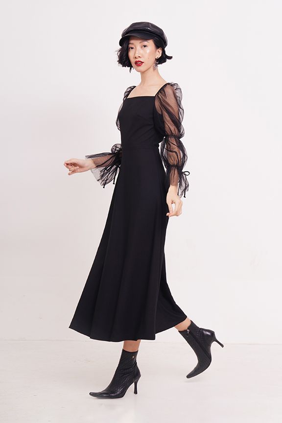 Đầm dài phối sheer nhún tay