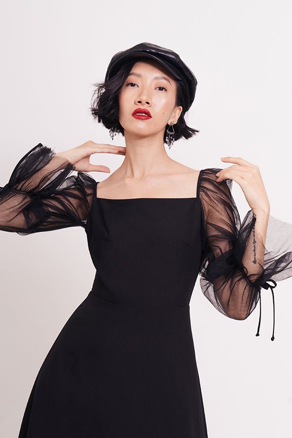 Đầm dài phối sheer nhún tay