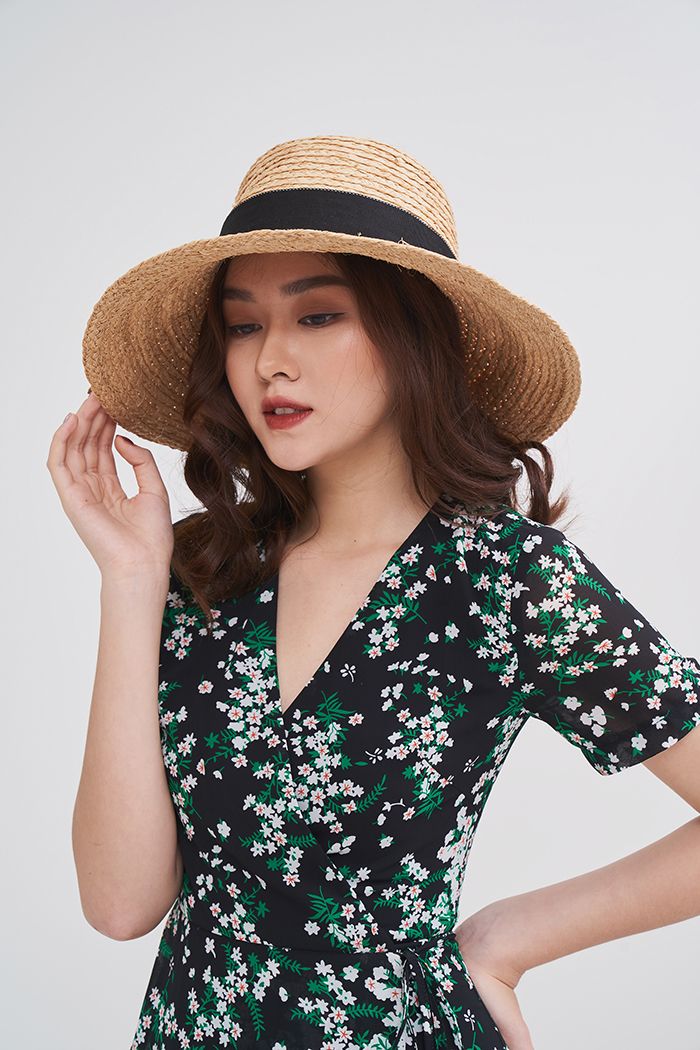 Đầm midi in hoa đắp tùng chéo cột dây nơ