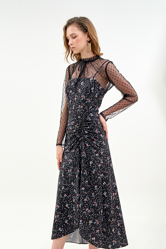 Đầm 2 dây midi rút nhún tùng in hoạ tiết fw19