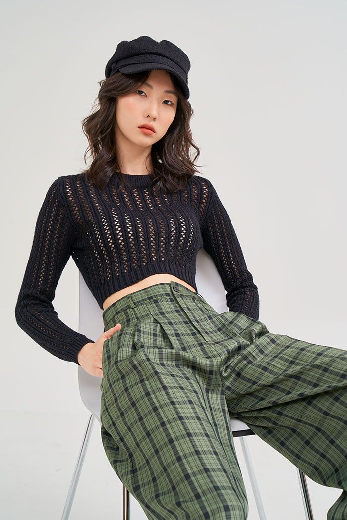Áo thun croptop dệt kim tay dài đan hình thoi