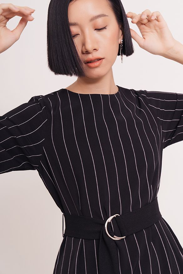 Đầm sọc tay dài thắt dây eo