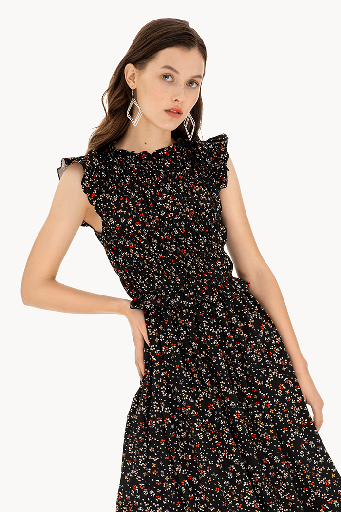 Đầm midi in hoạ tiết bèo nhún