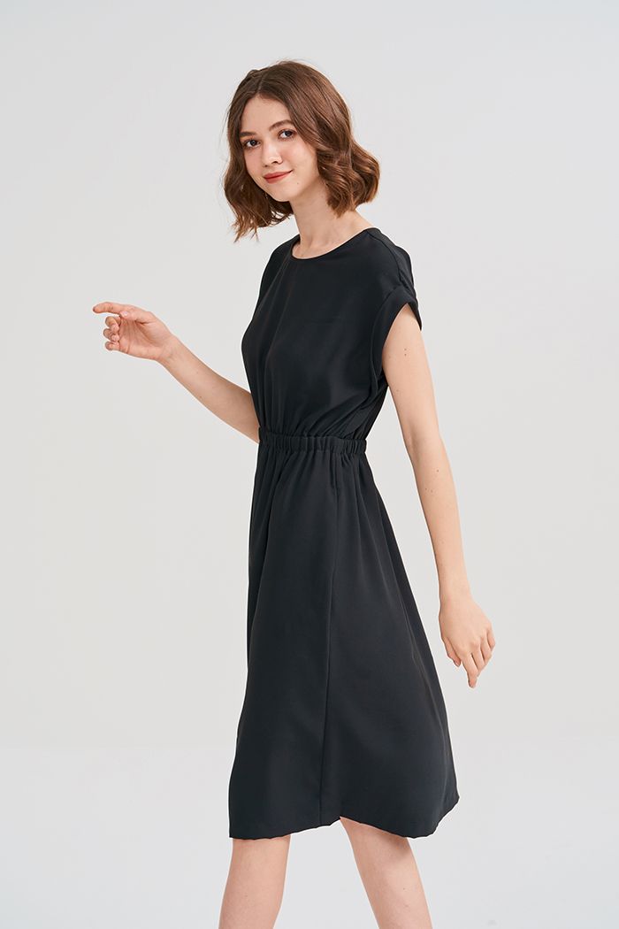 Đầm midi ngang gối sát nách tay lật lưng thun