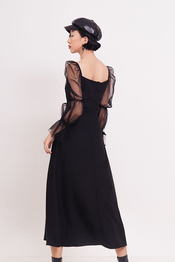 Đầm dài phối sheer nhún tay