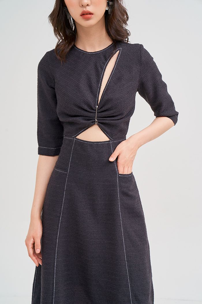 Đầm vải tuýt cutout thân trước chỉ nổi