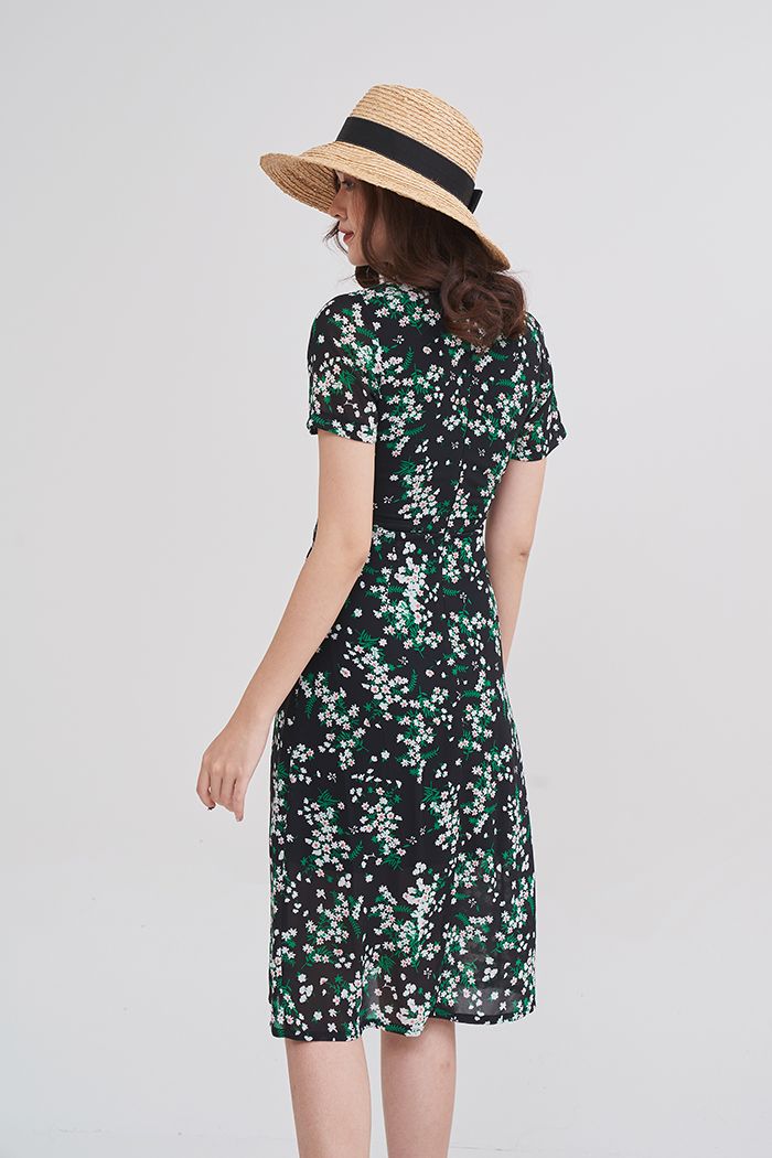 Đầm midi in hoa đắp tùng chéo cột dây nơ