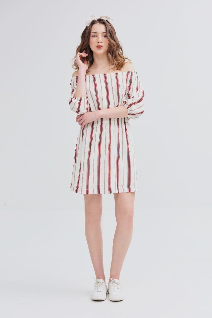 Đầm bẹt vai rút dây sọc dọc nhún eo ss19