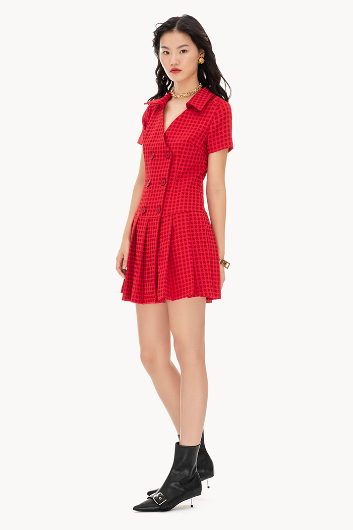 Đầm bố hoa văn xếp li tùng