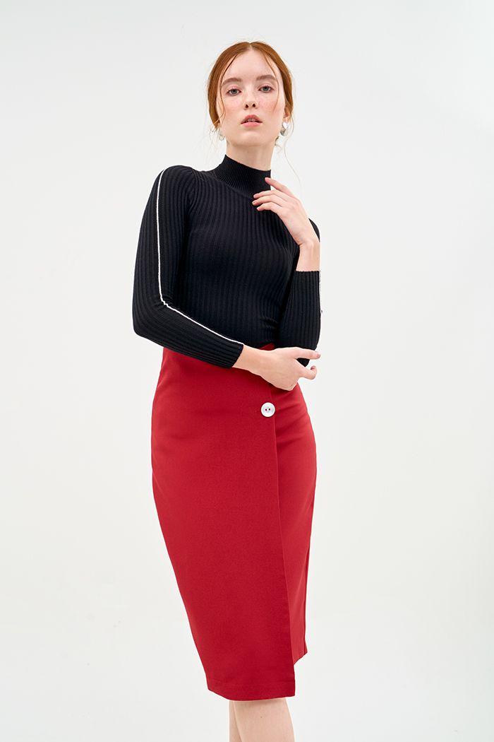 Váy midi đắp chéo nhấn 2 nút
