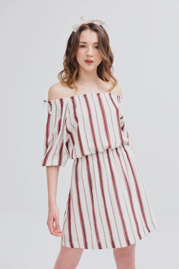 Đầm bẹt vai rút dây sọc dọc nhún eo ss19