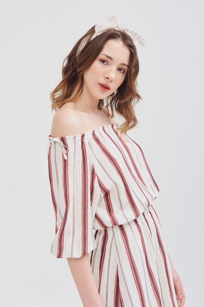 Đầm bẹt vai rút dây sọc dọc nhún eo ss19