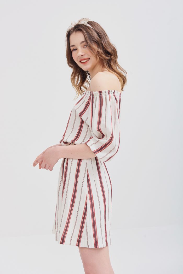 Đầm bẹt vai rút dây sọc dọc nhún eo ss19