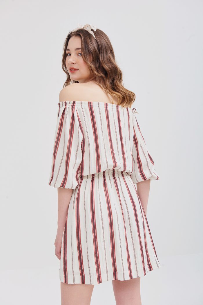 Đầm bẹt vai rút dây sọc dọc nhún eo ss19