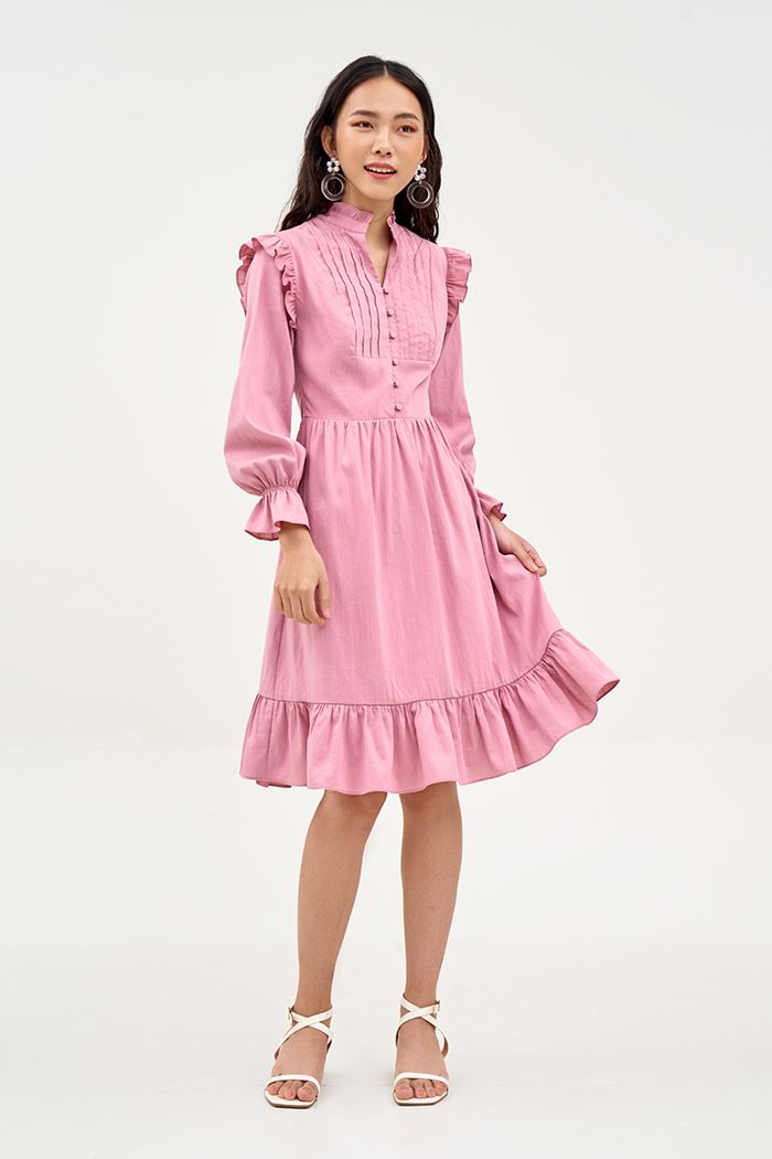 Đầm cotton tay lở nhún bèo xếp li ngực nút bọc