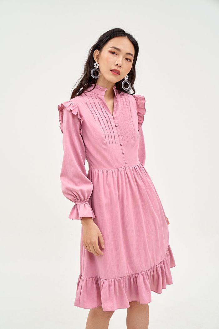Đầm cotton tay lở nhún bèo xếp li ngực nút bọc