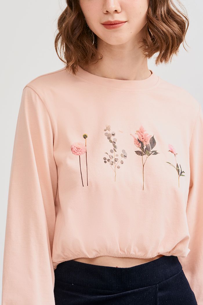 Áo thun croptop bo thun tay dài in hoa