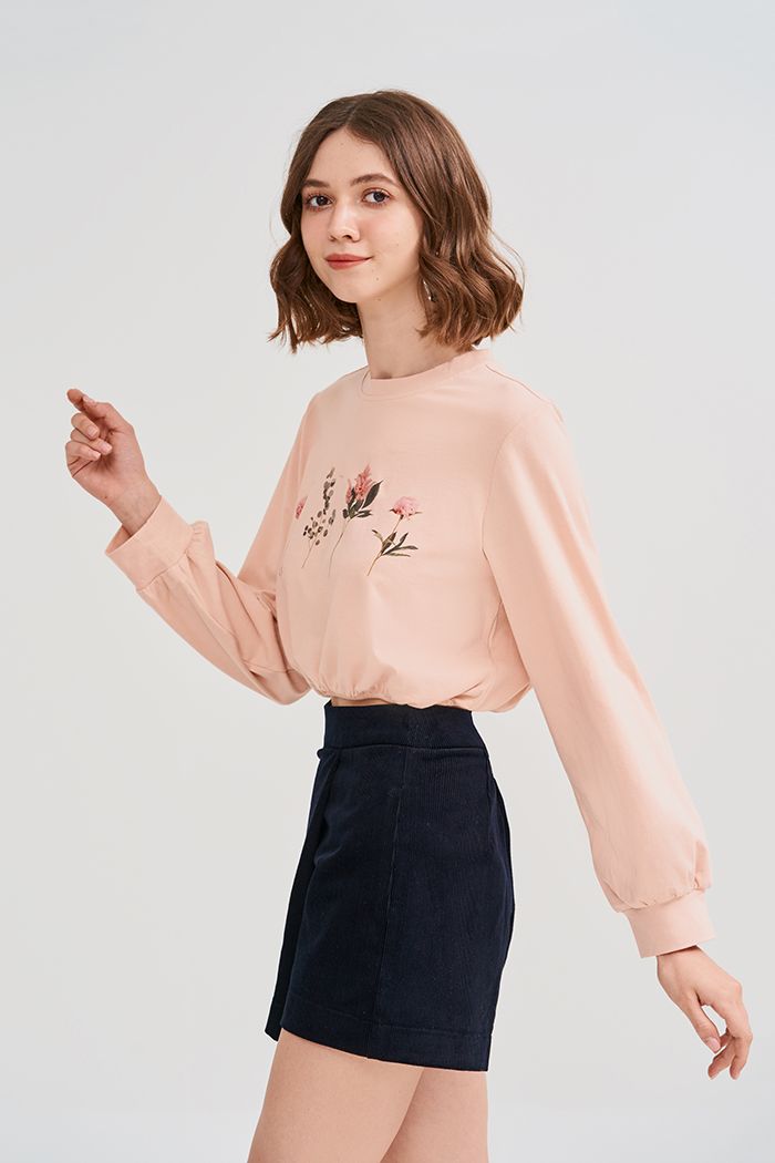 Áo thun croptop bo thun tay dài in hoa