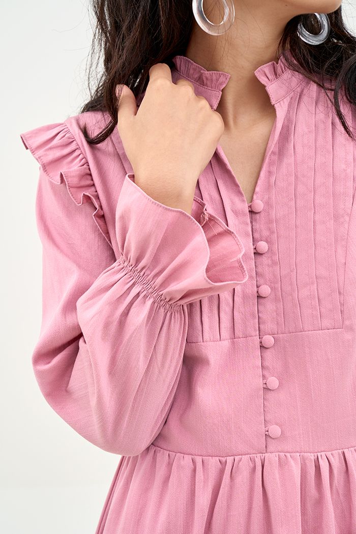 Đầm cotton tay lở nhún bèo xếp li ngực nút bọc