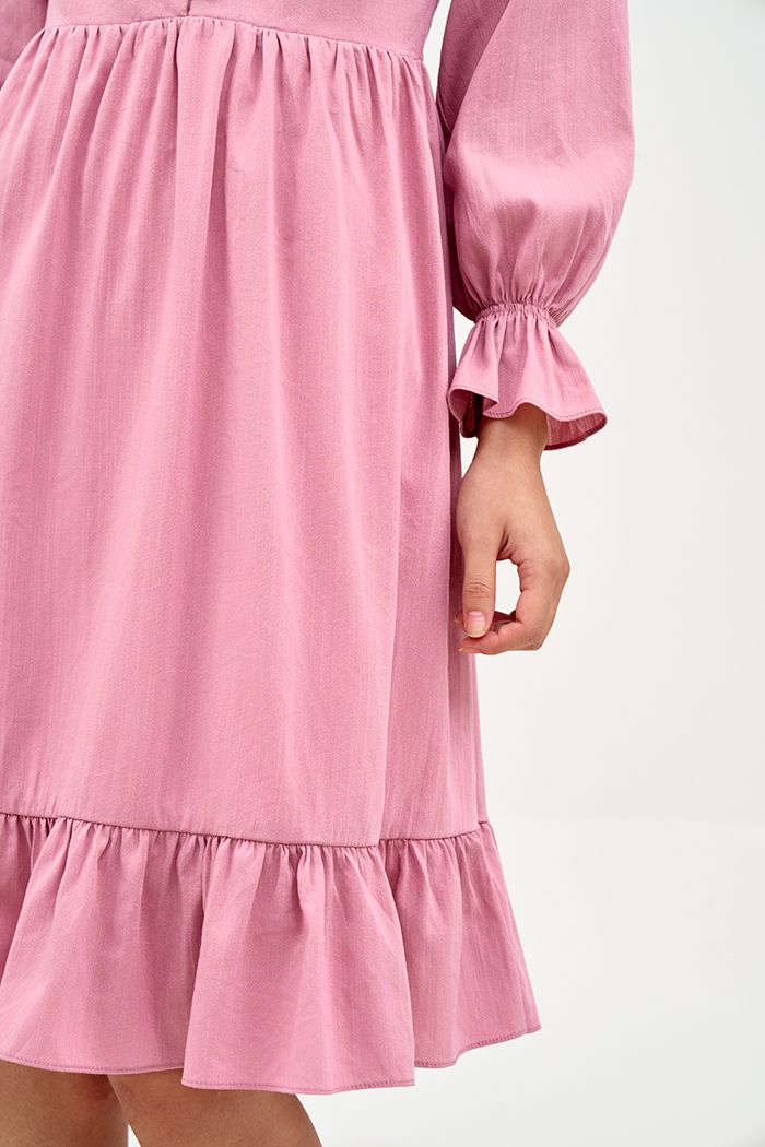 Đầm cotton tay lở nhún bèo xếp li ngực nút bọc