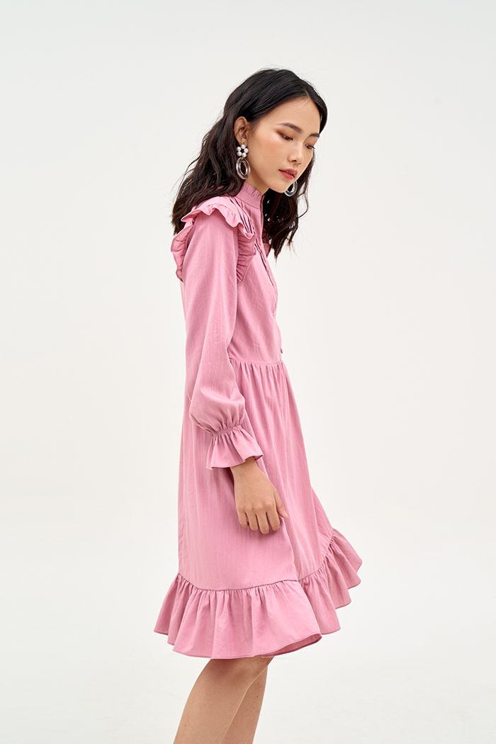 Đầm cotton tay lở nhún bèo xếp li ngực nút bọc