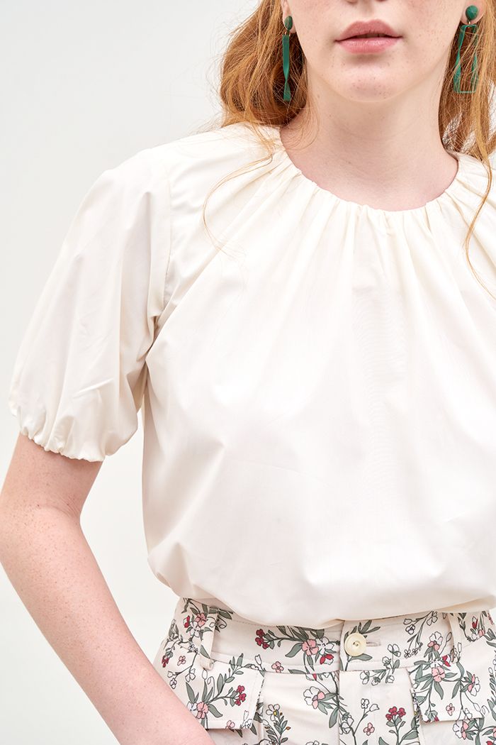 Áo cotton nhún cổ và tay
