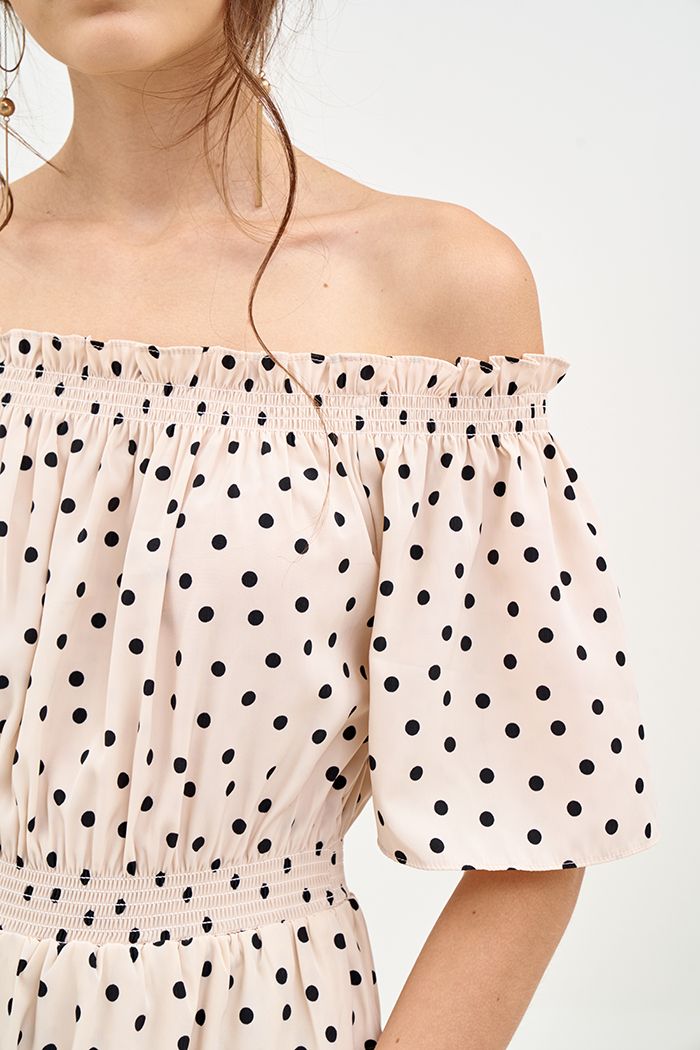 Đầm linen chấm bi midi rã tùng nhún thun