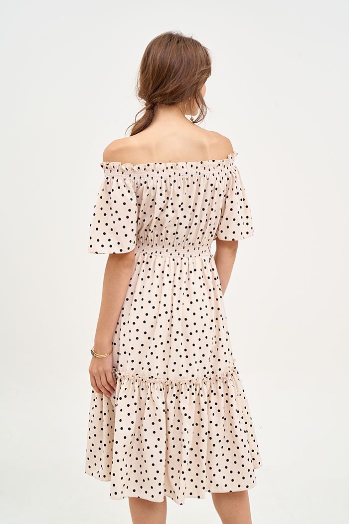 Đầm linen chấm bi midi rã tùng nhún thun