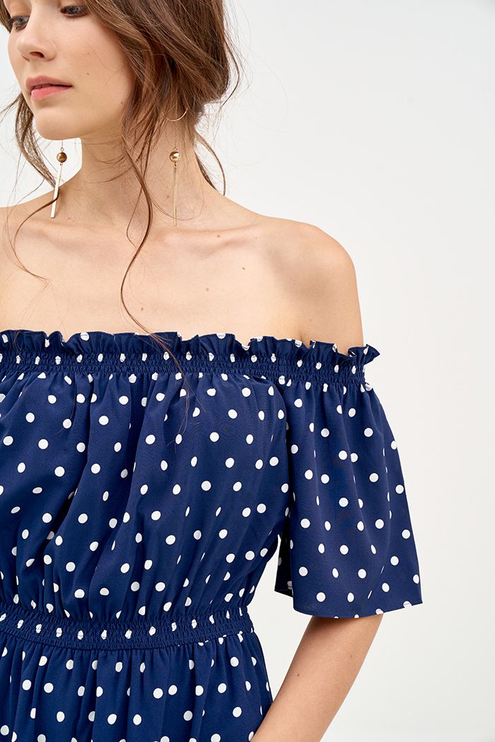 Đầm linen chấm bi midi rã tùng nhún thun