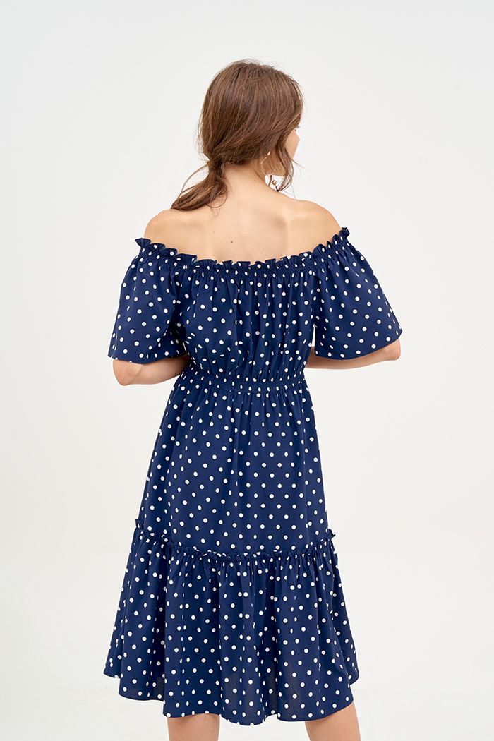 Đầm linen chấm bi midi rã tùng nhún thun