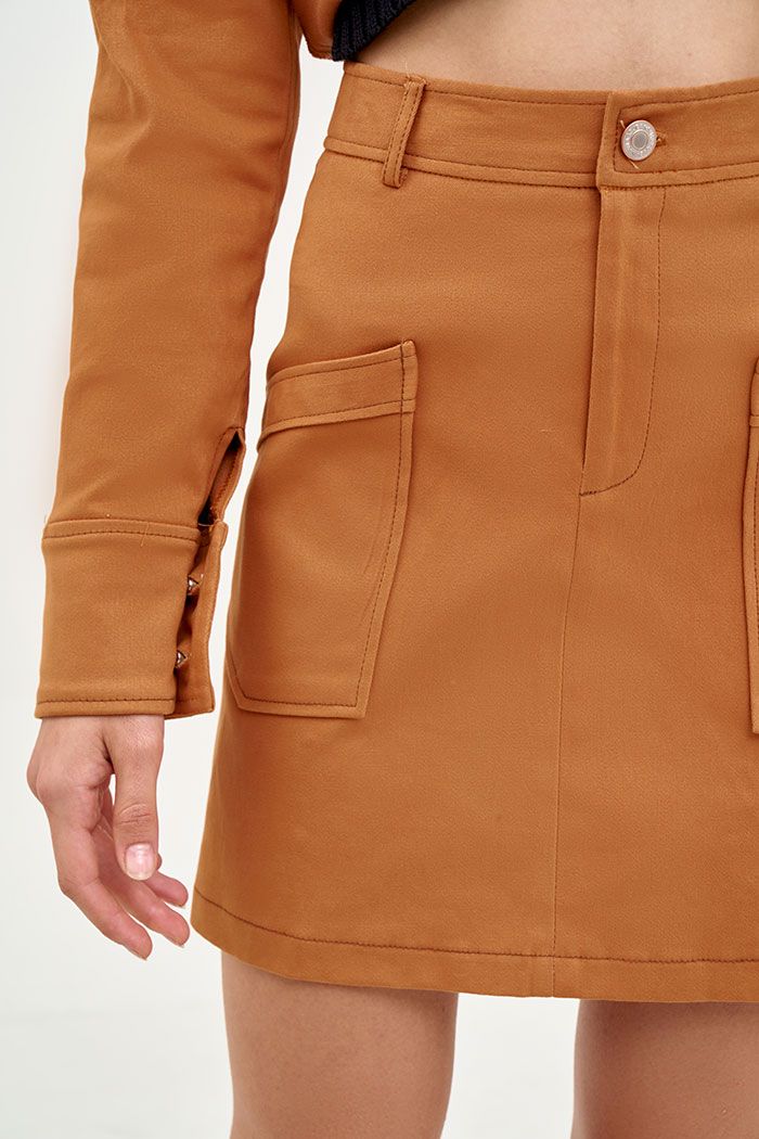 Váy jeans kakhi thun đắp túi hình thang