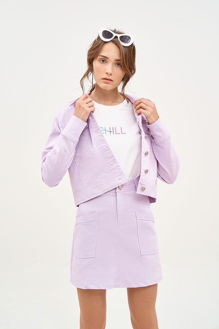 Váy jeans kakhi thun đắp túi hình thang