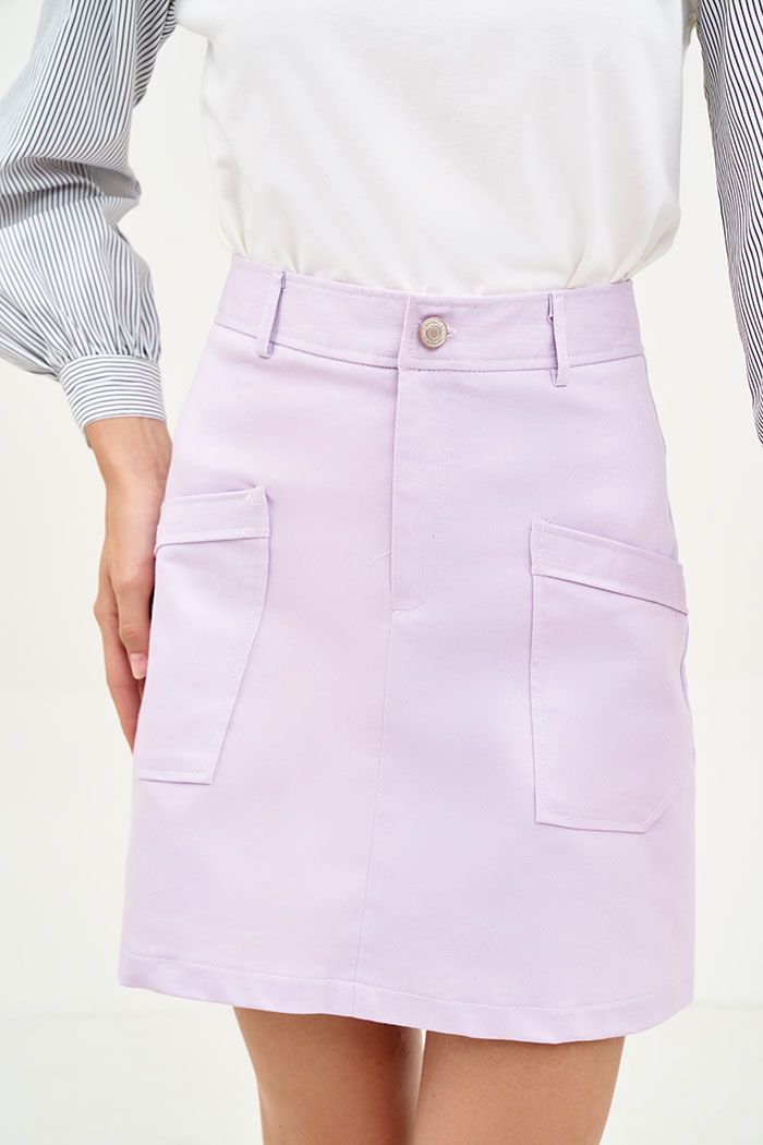 Váy jeans kakhi thun đắp túi hình thang
