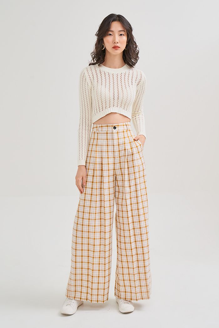 Áo thun croptop dệt kim tay dài đan hình thoi