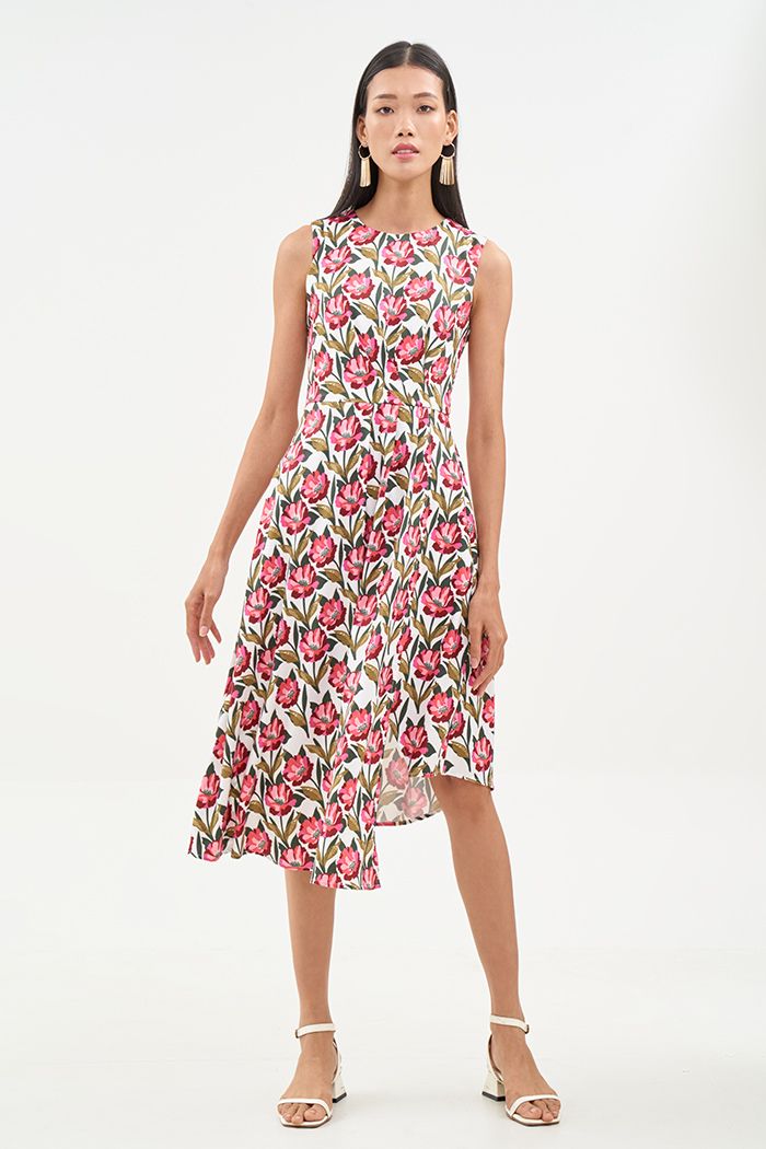 Đầm midi sát nách tùng đắp chéo in hoạ tiết fw19