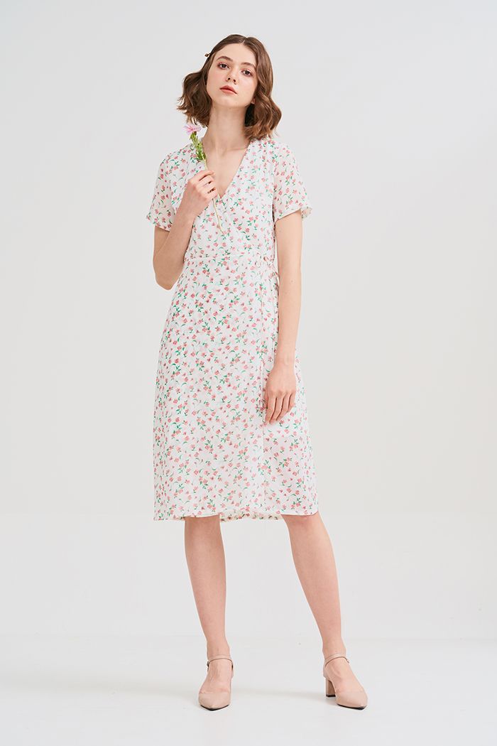 Đầm midi in hoa đắp tùng chéo cột dây nơ