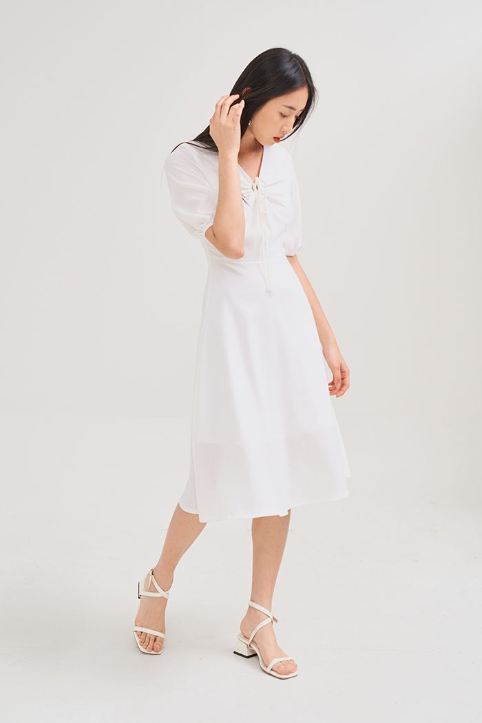 Đầm midi tay lở rút tròn cột nơ ngực