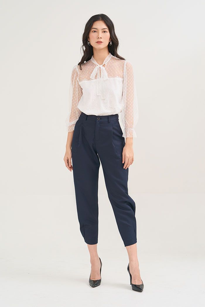 Áo sheer 2 lớp cột nơ cổ tay dài