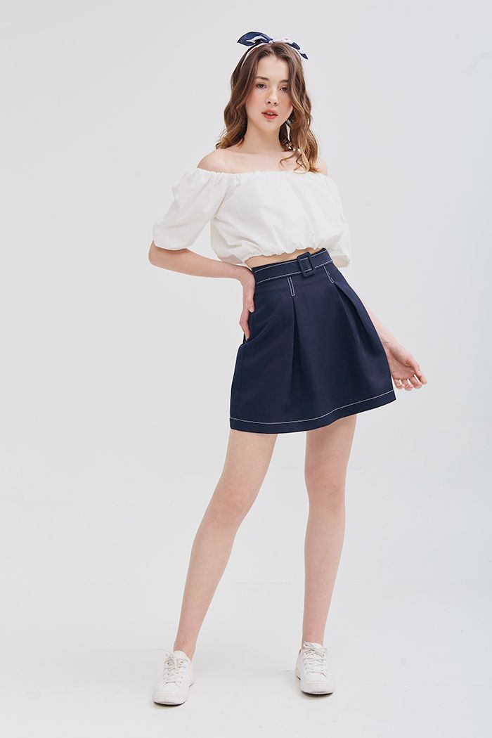 Áo croptop bẹt vai nhún thun tay lửng